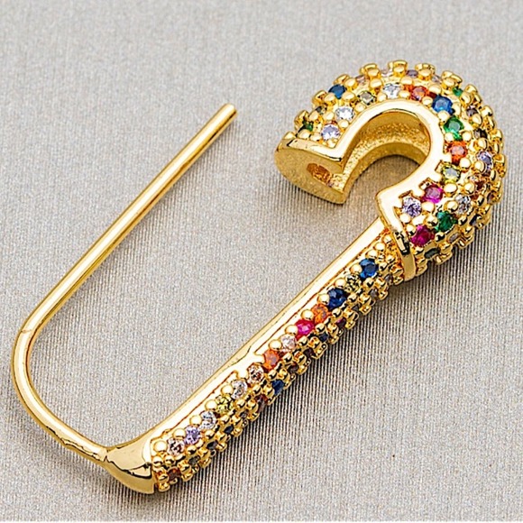 Gold Plated Rhinestone Safety-pin Earring, Multicolor, Punk, Hip Hop - Picture 1 of 8